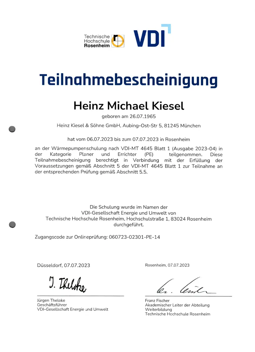 Zertifikat 18 von Heinz Kiesel und Söhne